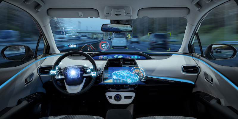 empty cockpit of vehicle, HUD(Head Up Display) and digital speedometer, autonomous car, diriverless vehicle